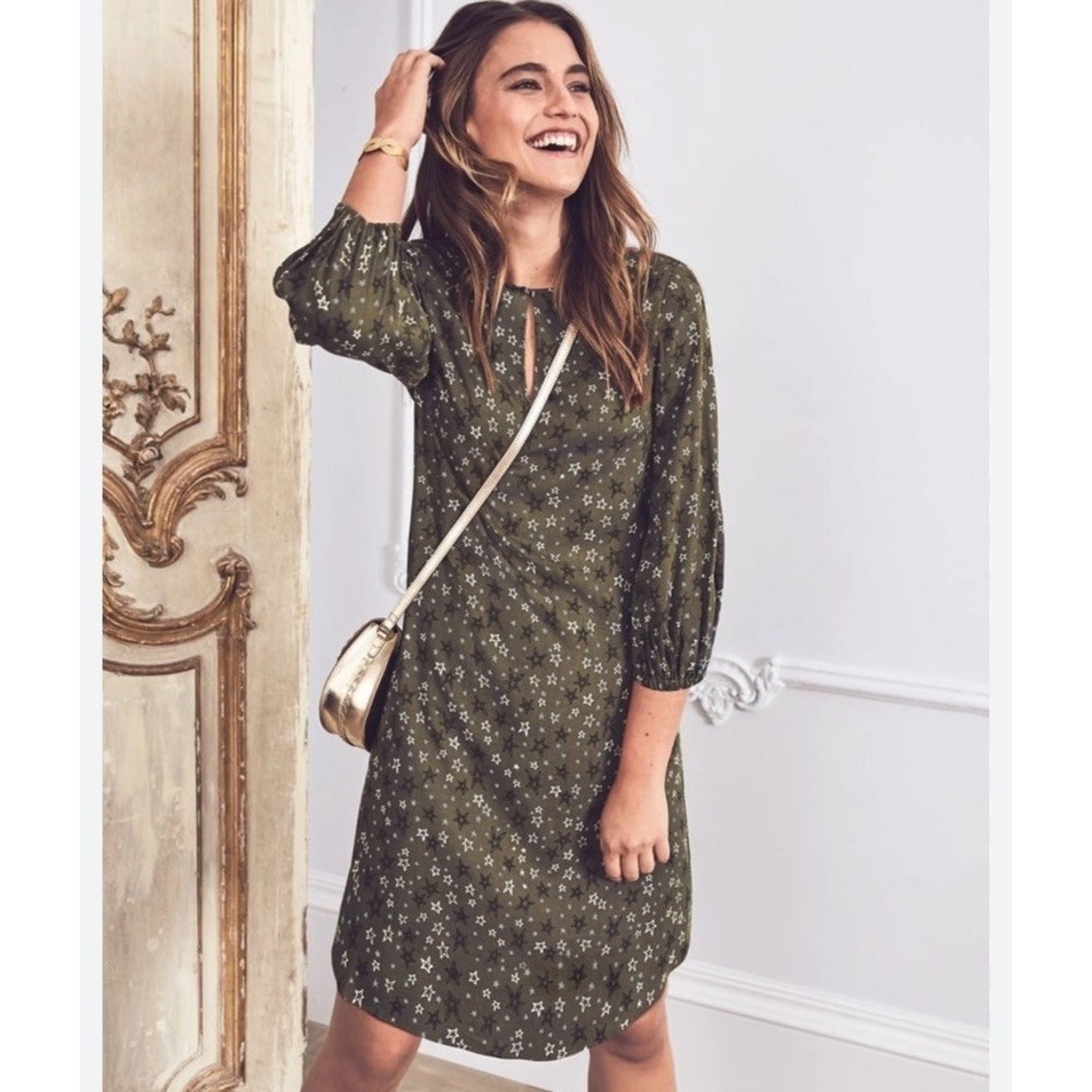 Boden Vanessa Olive Green Star Print Long Sleeve Shirt Dress Size 8R